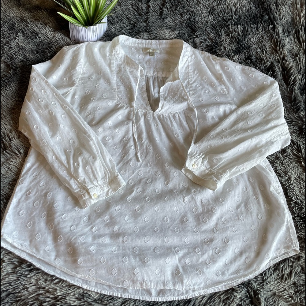 J. Crew white dot peasant shirt with tie front size 16